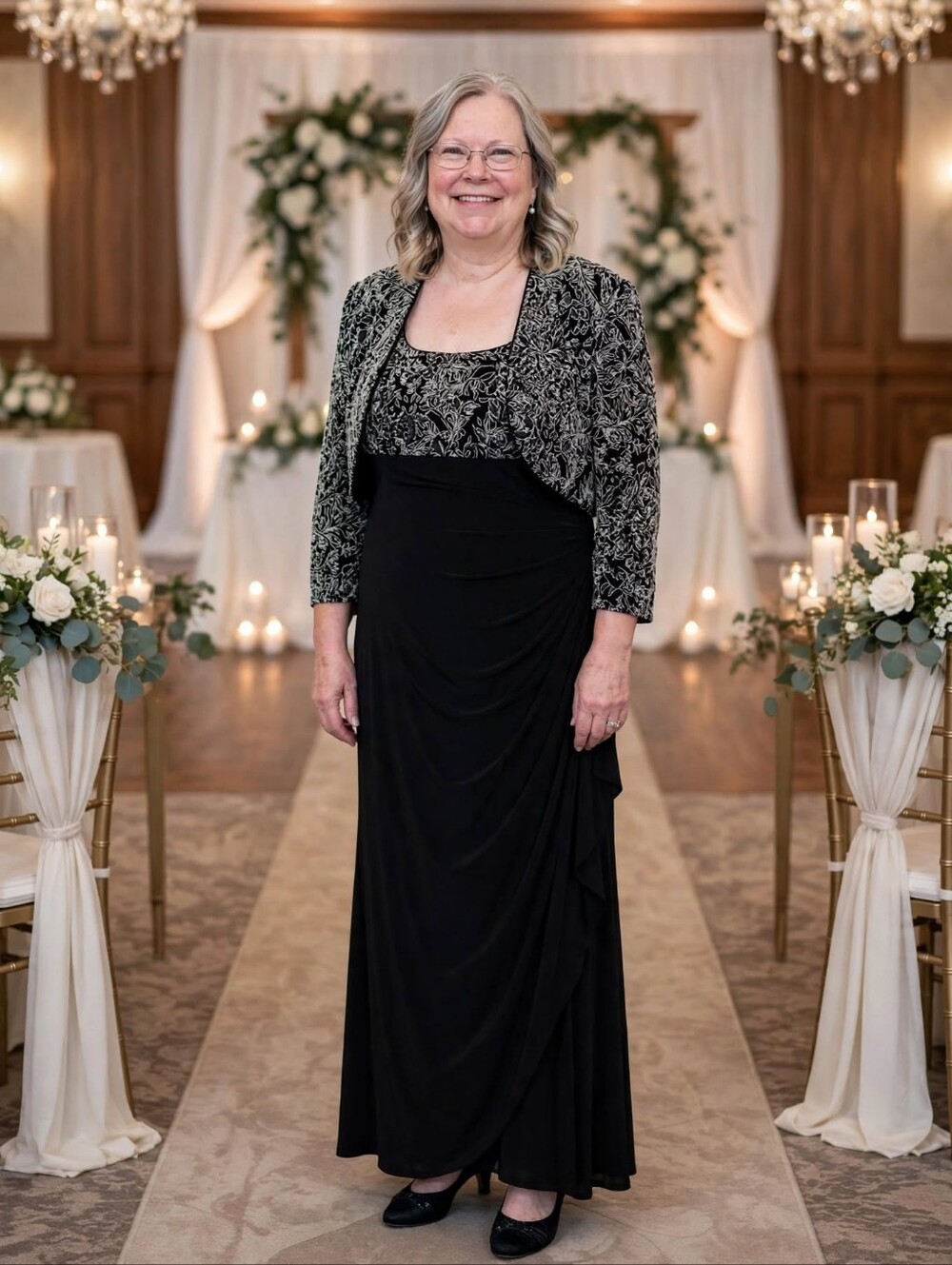 Alex Evenings Black Evening Dress with Gold Floral Bolero